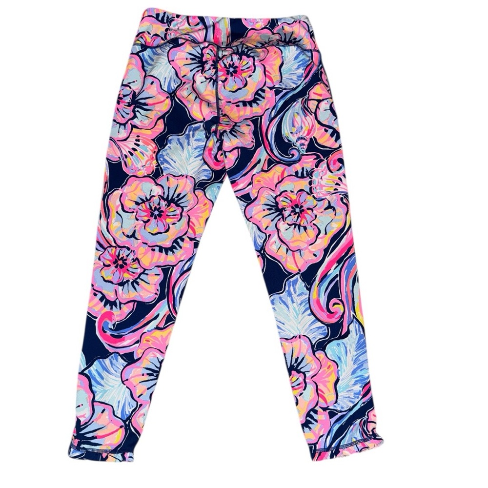 Lily Pulitzer Luxletic Pink Floral Capri Ruffle Hem Size Large - Picture 2 of 6